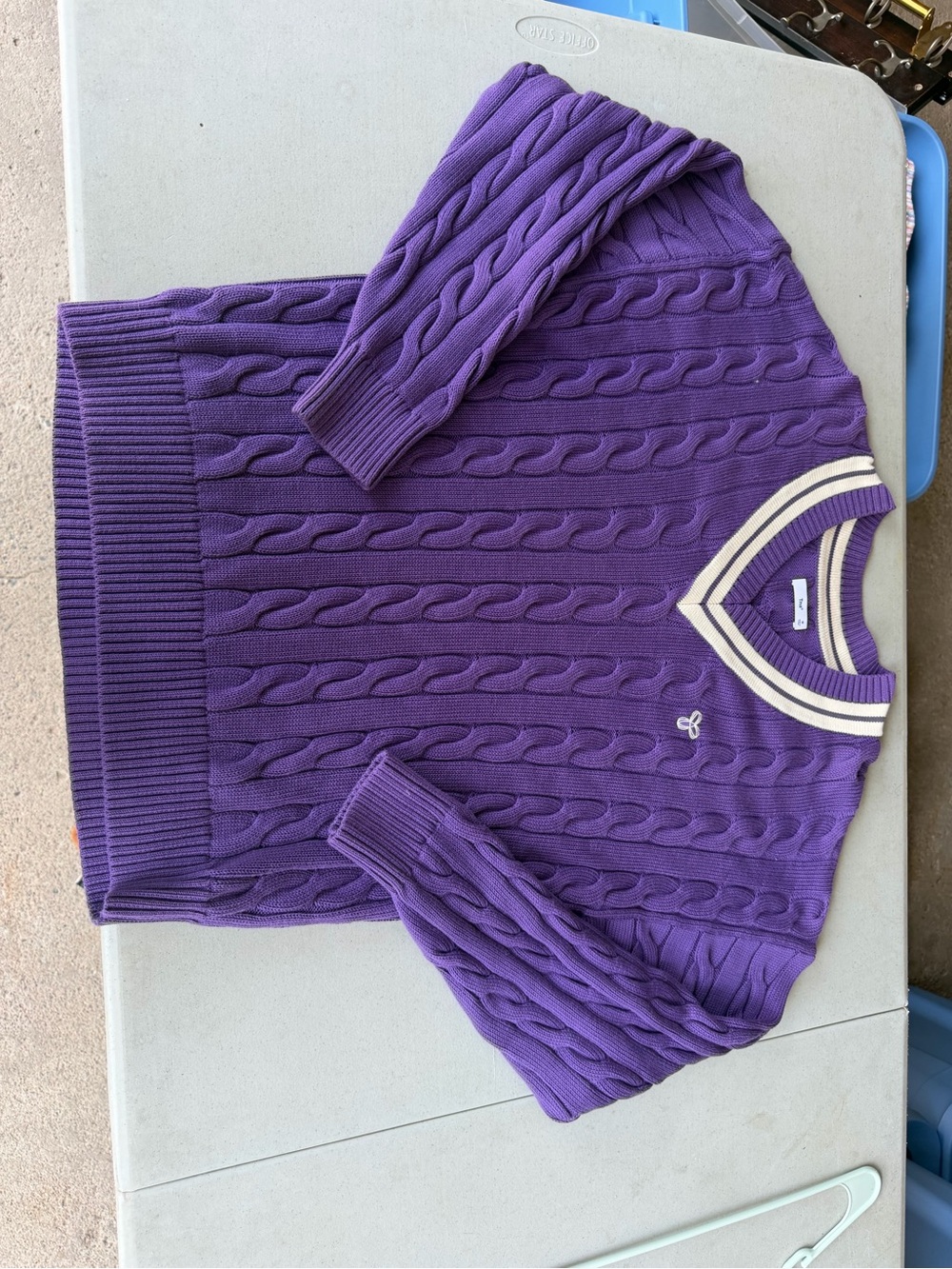 TNA Purple Varsity Cable Knit V-Neck Sweater with Cream Trim